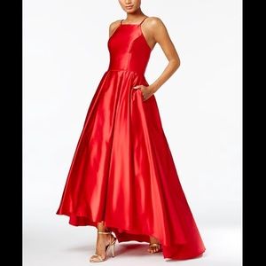 Betsy & Adam Red Satin Hi-Low Gown Prom Dress